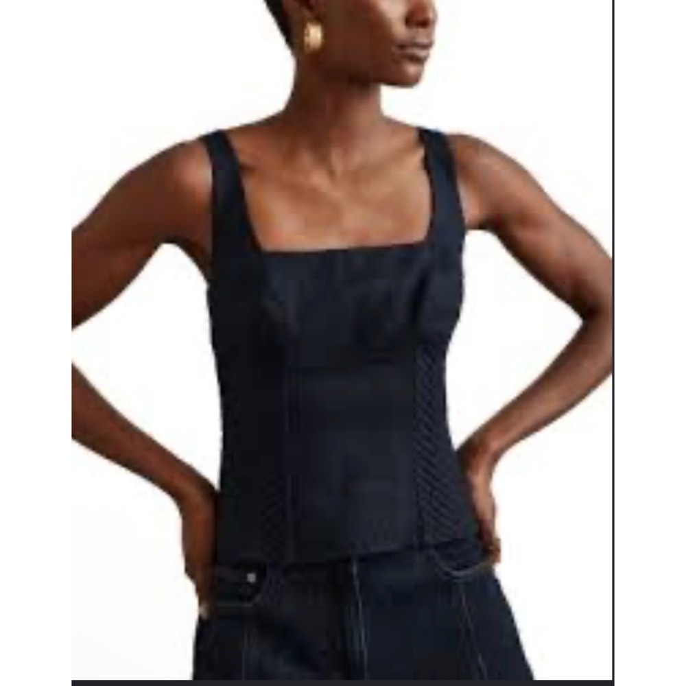 Reiss Mirabelle Linen Corset Top Women 4 Blue Zip Pintuck Minimalist Luxury